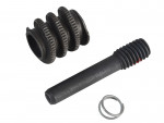 Three automotive parts on a white background: a helical gear, a cylindrical rod with a threaded end, and a small metal retaining clip or spring.