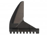 A metallic, fin-shaped object with a serrated bottom edge and a smooth, slanted top surface, resembling a small industrial cutting or gripping tool attachment.