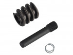 Three metal components on a white background: a coiled gear with teeth, a cylindrical rod with threaded end, and a small metal spring.