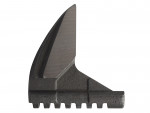 A close-up image of a metallic, serrated industrial blade or cutting tool with a sharp, curved edge and a grooved base, isolated on a white background.