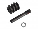 Three metal mechanical components on a white background: a helical gear, a threaded cylindrical shaft, and a small coiled spring.
