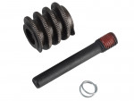 A metal worm gear, a long bolt with red threadlocker on the tip, and a small metal spring arranged on a white background.
