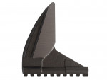 A close-up of a metal component shaped like a fin or blade, with a serrated edge at the bottom and a smooth, angled surface. The texture varies between rough and polished.