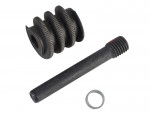 A metal worm gear, a cylindrical threaded rod with a red mark near one end, and a small metal washer are arranged on a white background.