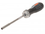 A close-up of a ratcheting screwdriver with a black and gray ergonomic handle and a metal shaft, shown on a white background.