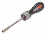 A close-up of a black and gray multi-bit screwdriver with an ergonomic handle, featuring a textured grip and orange accents. The tool’s metal shaft is extended, showing its bit holder.