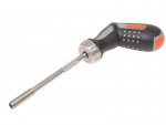 A ratcheting screwdriver with a black and orange ergonomic handle, silver rotating collar, and a long metal shaft, positioned on a white background.