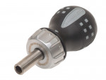 A close-up of a stubby screwdriver with a black and gray ergonomic handle, featuring textured grips and the Bahco brand logo, and a short metal shaft with a hexagonal socket tip.