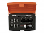 A set of precision tools in an orange case, including a ratchet screwdriver, multiple interchangeable bits, sockets, and extensions, all securely organized in a foam insert.