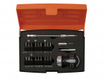 An open orange tool case displays a set of screwdriver bits, a ratchet handle, socket adapters, and extension bars organized in black foam compartments.