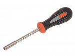 A screwdriver with a black and orange handle, featuring a textured grip and a metallic shaft ending in a hollow, cylindrical tip.