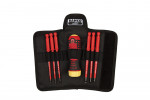 A black Bahco tool pouch open to reveal a red and yellow insulated screwdriver handle and six interchangeable red screwdriver blades held in elastic loops.,
