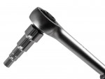 A close-up of a metallic ratchet wrench with a multi-sided bit attached, set against a white background.