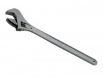 A silver adjustable wrench with a long handle and a movable jaw, shown on a white background.