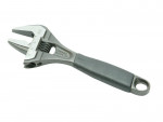 A silver adjustable wrench with a black handle and a hole at the end, photographed on a white background.
