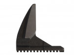 A close-up view of a black, serrated metal object with a sharp, curved blade and a notched base, isolated on a white background.