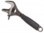 A metal adjustable wrench with a black handle and measurement markings on the jaw, set against a white background.