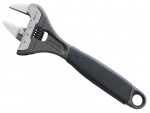 A silver adjustable wrench with a black handle, featuring a measurement scale on the jaws and a hole at the end of the handle.