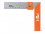 A Bahco stainless steel try square with an orange handle and ruler, used for measuring and marking right angles in carpentry and metalworking.
