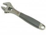 A metal adjustable wrench with a black rubber handle, shown on a white background. The wrench has a crescent-shaped jaw that can be widened or narrowed using a thumbwheel.