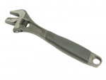 An adjustable wrench with a black rubber handle and a metal head, shown against a white background. The wrench has a hole at the end of the handle for hanging or storage.