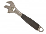 A silver adjustable wrench with a black rubber handle is shown on a white background. The wrench has a thumbwheel for adjusting the jaw size and a hole at the end of the handle.,