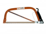 A metal hacksaw with an orange frame, straight handle, and a serrated blade, designed for cutting metal or wood, is shown against a white background.