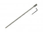 A long, metal rod with a rectangular attachment at one end and two screws, accompanied by a small L-shaped hex key (Allen wrench) on a white background.