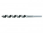 A metal auger drill bit with a spiral design and a threaded tip, used for drilling holes in wood, shown against a white background.