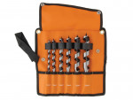 An orange tool pouch holds six large auger drill bits of varying sizes, each secured with a black strap. The sizes, from left to right, are labeled 10mm, 13mm, 16mm, 19mm, 22mm, and 25mm.