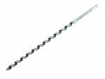 A long auger drill bit with a spiraled shaft and a sharp pointed tip, designed for drilling deep holes in wood or similar materials. The bit is metallic and has a hexagonal shank at one end.