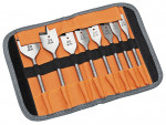 A set of seven flat spade drill bits in various sizes (38mm to 13mm) neatly organized in an orange fabric case with labeled slots.,