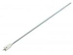 A long, silver spade drill bit with a flat, paddle-shaped cutting end and a pointed tip, designed for drilling large holes in wood.