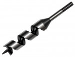 A close-up view of a metal auger drill bit with a spiral design and a screw tip, used for drilling holes in wood. The drill bit is positioned diagonally on a white background.