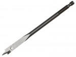 A metal spade drill bit with a hex shank, angled tip, and flat blade designed for drilling large holes in wood.