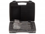 A set of seven flat wood drill bits with numbers etched on them, arranged in a black foam-lined carrying case with a handle and secure latches.