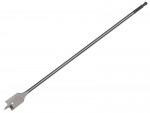 A long, metal spade drill bit with a flat, paddle-shaped cutting end and a sharp point, designed for boring large holes in wood.