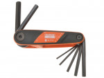 A Bahco folding hex key set with multiple black hex keys extended from an orange and black handle, each key labeled with its size in millimeters.