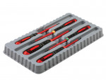 Six precision screwdrivers with black and red handles are arranged neatly in a gray plastic tray, each placed in its own individual slot.