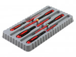 A set of six red and black electronic screwdrivers neatly arranged in a gray plastic tray with individual slots for each tool.,