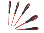 Five insulated screwdrivers with black and red handles are arranged on a white background. The set includes different sizes of flathead and Phillips screwdriver tips.,