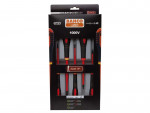 A boxed set of Bahco insulated screwdrivers, labeled 1000V and Slim Tip. The black and orange packaging displays five screwdrivers arranged vertically with visible ergonomic grips.