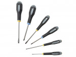 Six screwdrivers with black and gray handles are arranged on a white background. The set includes both flathead and Phillips head screwdrivers in various sizes.,