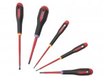 Five insulated screwdrivers with black and red handles, each with different colored rings near the shaft, are arranged in a fan shape on a white background.