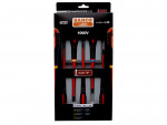 A boxed set of five Bahco insulated screwdrivers with slim tips, designed for electrical use up to 1000V. The packaging is black with orange accents and features product information and branding.