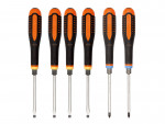 Six screwdrivers with black and orange handles are arranged side by side. The tips include three flathead and three Phillips head screwdrivers, each with varying sizes. The handles have textured grips.