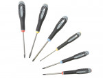 Six screwdrivers with black and gray handles, each with a colored tip, arranged in a fan shape on a white background. The set includes both flathead and Phillips head screwdrivers.