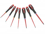 Six insulated screwdrivers with red shafts and black-and-red handles are arranged side by side on a white background. The handles are ergonomic and each has a different shaped tip.,