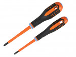 Two orange and black insulated Phillips screwdrivers with ergonomic handles, placed parallel to each other on a white background.