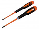 Two insulated screwdrivers with black and orange handles, one with a Phillips head and one with a flathead tip, placed parallel to each other on a white background.